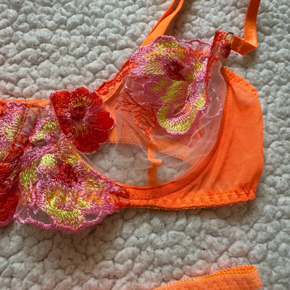 neon orange floral 3 piece lingerie set - Picture 4 of 9